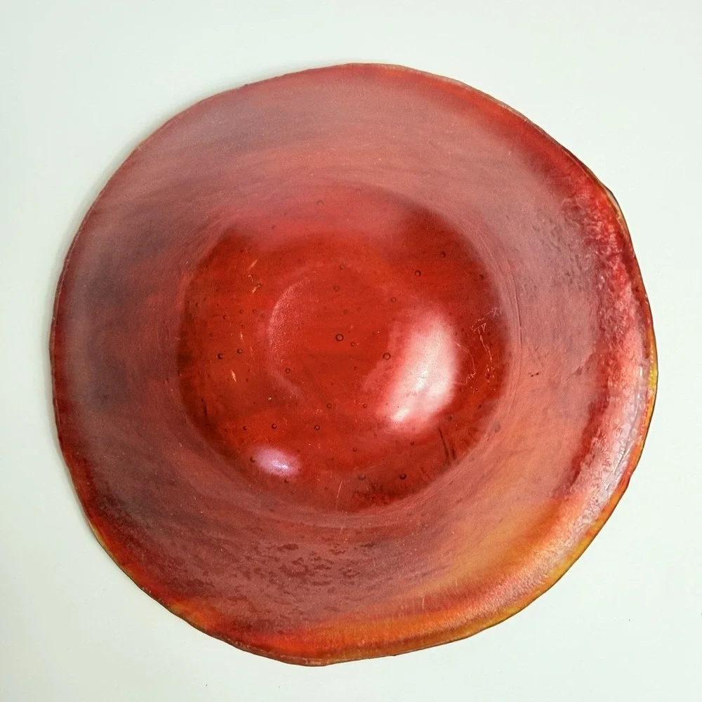Vintage Red Orange Fused Art Glass Bowl Iridescent Abstract Line Dish
